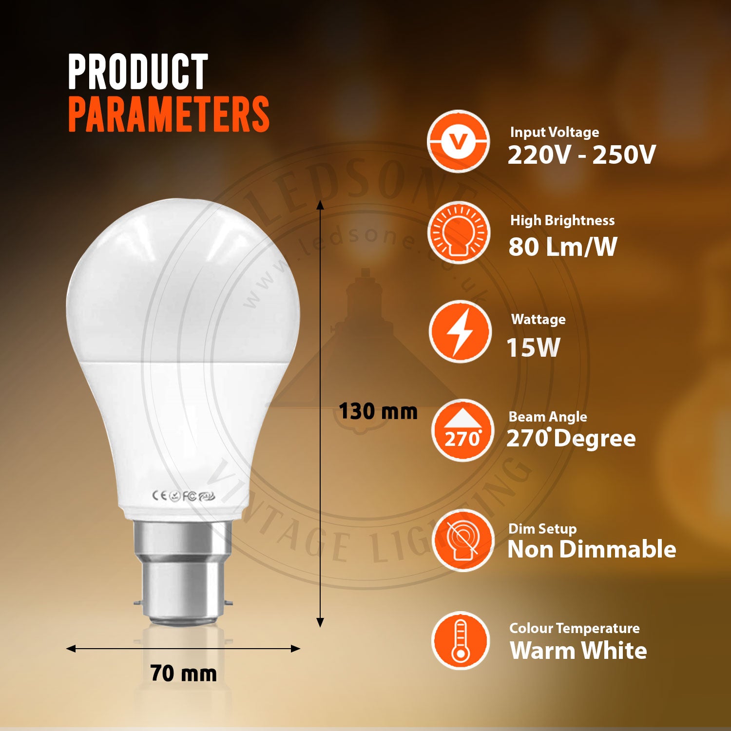 B22 15W Energy Saving Warm White LED Light Bulbs A60 B22 Screw-in non dimmable bulbs