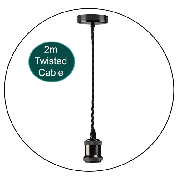 2m Black Twisted Cable Pendant E27 Base Shiny Black Holder~1729