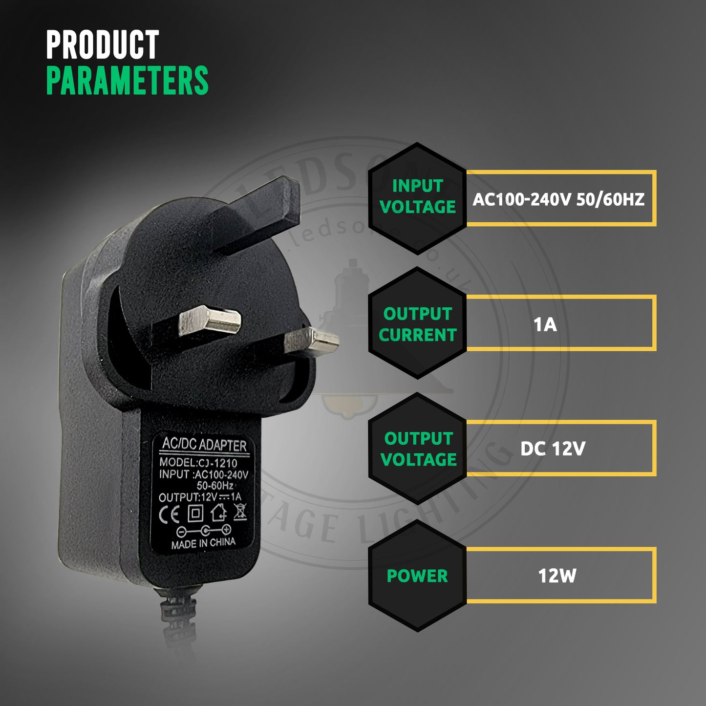Input voltage AC 100-240V 50-60Hz, Output current 1A, Output voltage DC 12V, and Power 12W.