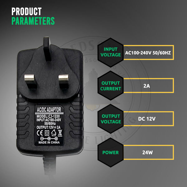 Input voltage AC 100-240V 50-60Hz, Output current 2A, Output voltage DC 12V, and Power 24W.