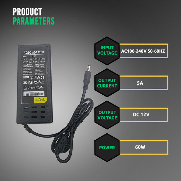 Input voltage AC 100-240V 50-60Hz, Output current 5A, Output voltage DC 12V, and Power 60W.
