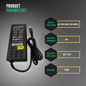 Input voltage AC 100-240V 50-60Hz, Output current 6A, Output voltage DC 12V, and Power 72W.
