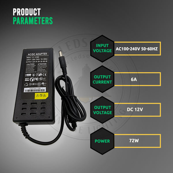 Input voltage AC 100-240V 50-60Hz, Output current 6A, Output voltage DC 12V, and Power 72W.