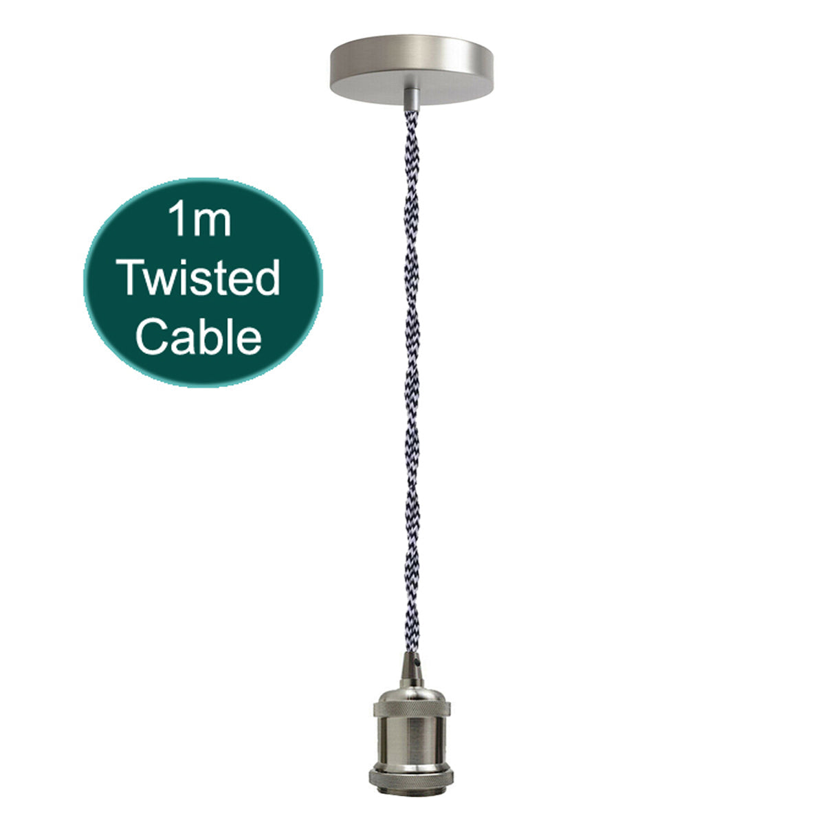 1m Black And White Twisted Cable E27 Base Satin Nickel Holder~1709 - electricalsone UK Ltd