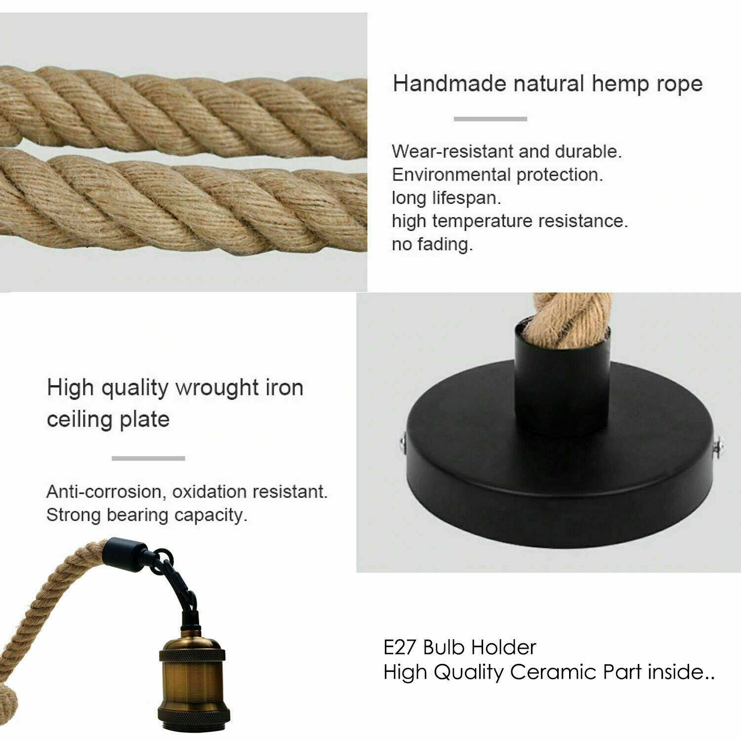 es lamp holder Hemp Rope 1 Head Pendant Ceiling Light Retro Lamp