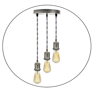 Satin nickel 3-head pendant light E27 bulb holder braided fabric flex black white