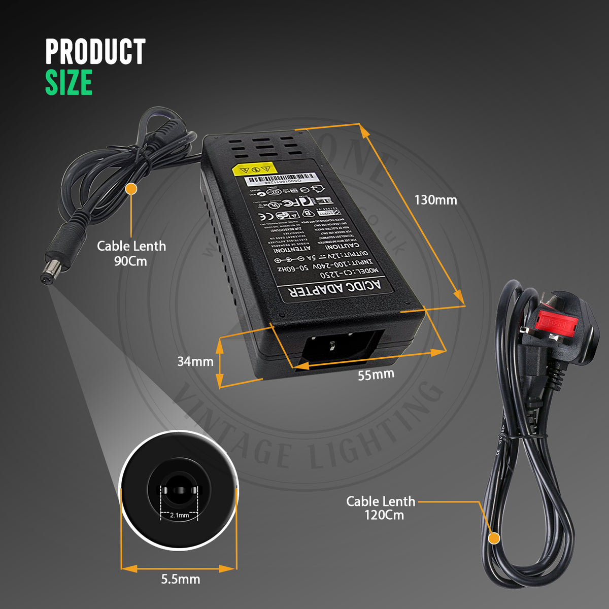 12V 5A 60W power supply adapter for 3528 5050 LED strip lights.