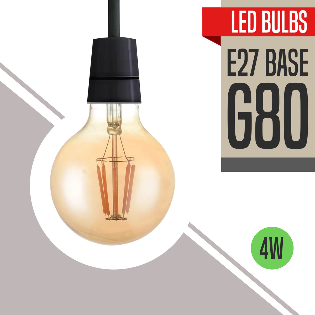 A vintage-style E27 4W G80 LED bulb with a black base, designed to fit standard E27 sockets, presented with a warm white light effect.