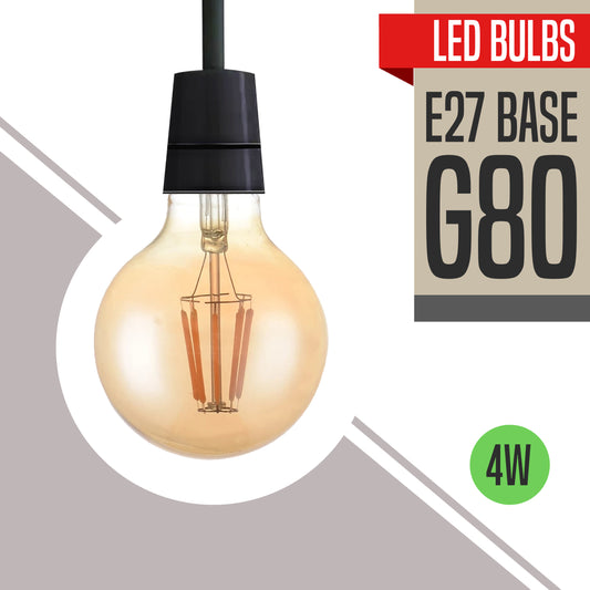 A vintage-style E27 4W G80 LED bulb with a black base, designed to fit standard E27 sockets, presented with a warm white light effect.